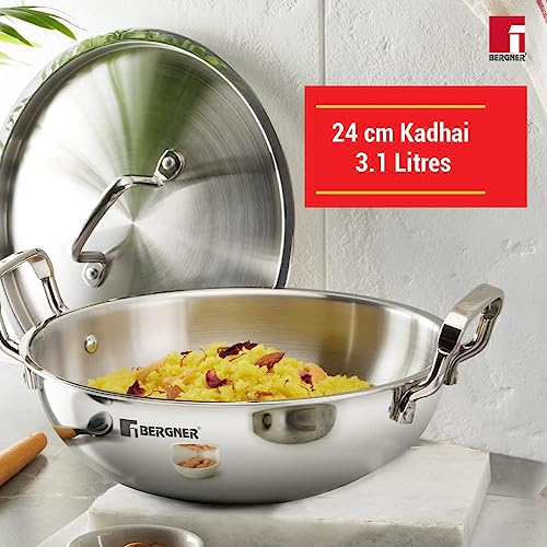 Image 5 of BERGNER Tripro 7 Pcs Triply Cookware Set - 24cm (3L) Kadai with Lid, 22cm (1.5L) Frypan, 16cm (2L) Tope with Lid, 20cm (3.4L) Casserole with Lid