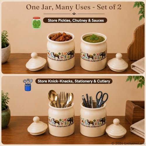 Image 3 of ExclusiveLane Elephant Motif Ceramic Pickle Jars with Lid Set of 2 540 ml