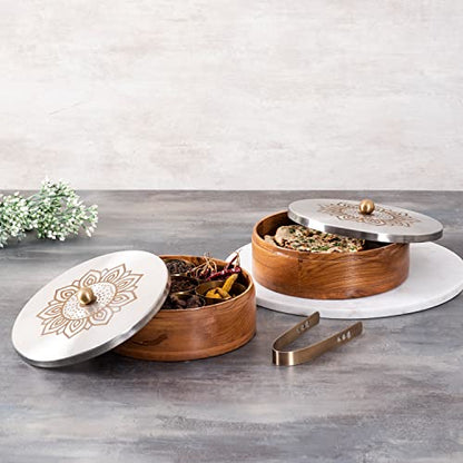 Image 1 of Default Title for the product nestroots Wooden Casserole And Masala Box for Kitchen 9-Inch Spice Organizer with 7 Stainless Steel Jars