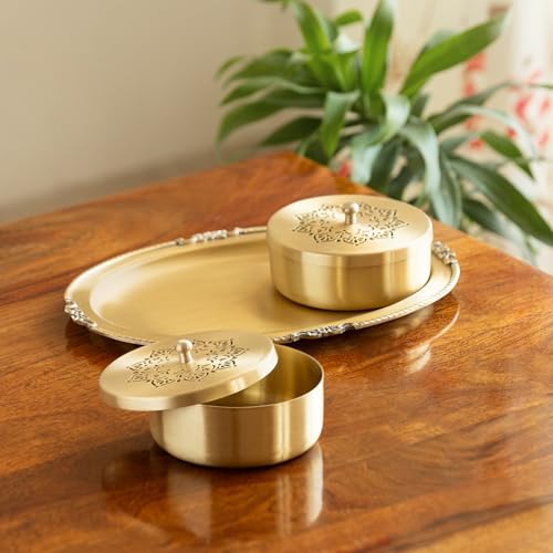 Image 1 of Default Title for the product ExclusiveLane Golden Hour Multi-Utility Storage Brass Jars & Containers With Tray Set of 2 320 ml