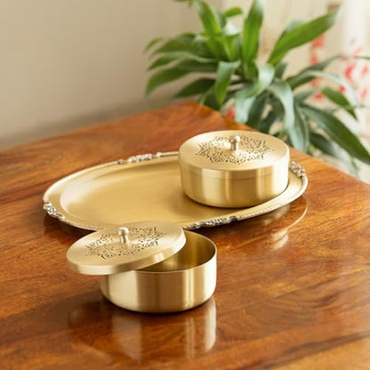 Image 1 of Default Title for the product ExclusiveLane Golden Hour Multi-Utility Storage Brass Jars & Containers With Tray Set of 2 320 ml