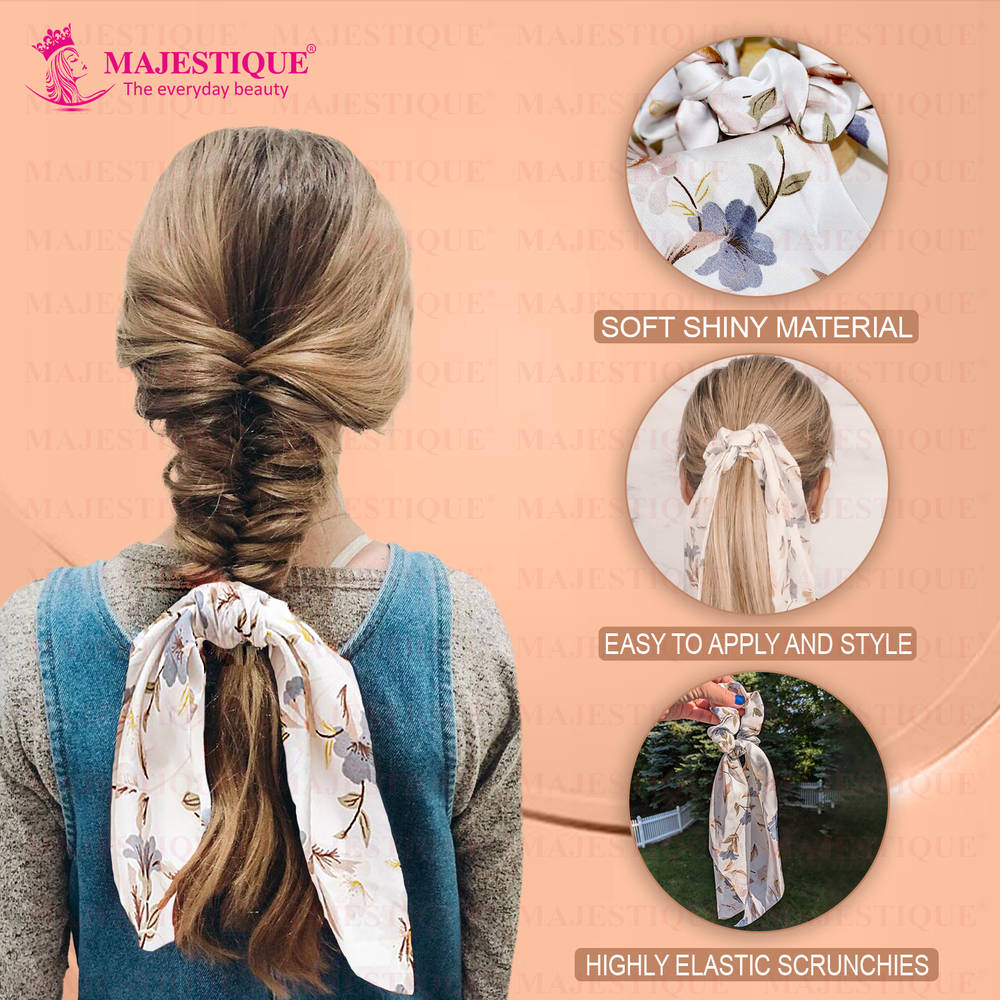 Image 3 of Majestique Hair Scarf Scrunchies Printed Satin Silk Elastic Bow Scrunchies - 1 Pc