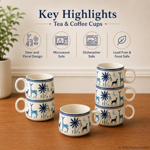 Image 5 of ExclusiveLane Deer & Floral Ceramic Tea Cups Set of 6, 150 ml