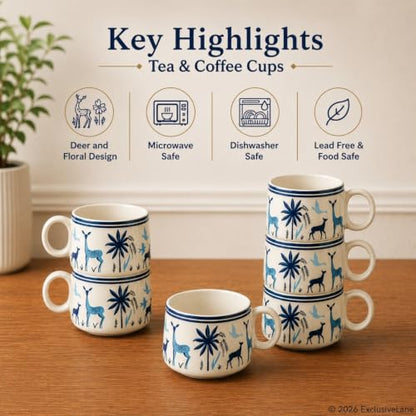 Image 5 of ExclusiveLane Deer & Floral Ceramic Tea Cups Set of 6, 150 ml