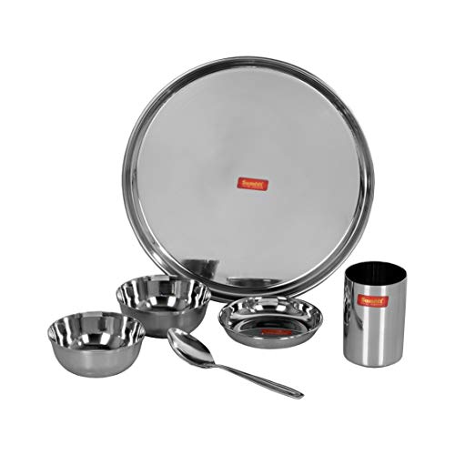 Image 1 of Default Title for the product Sumeet Stainless Steel Solid Heavy Gauge Mirror Finish Dinner Set Of 6 Pcs (1 Plate, 1 Small/Halwa Plate, 2 Bowl/Wati, 1 Glass, 1 Spoon)