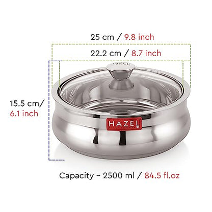 Image 6 of HAZEL Stainless Steel Roti Casserole with Glass Lid 2500 ml