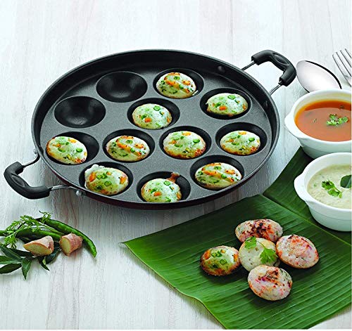 Image 2 of Generic Non Stick 12 Cavity Appam Patra with Lid Side Handle Paniyaram Pan Guntapongadalu Pan Appe Maker Litti Maker Multicolour