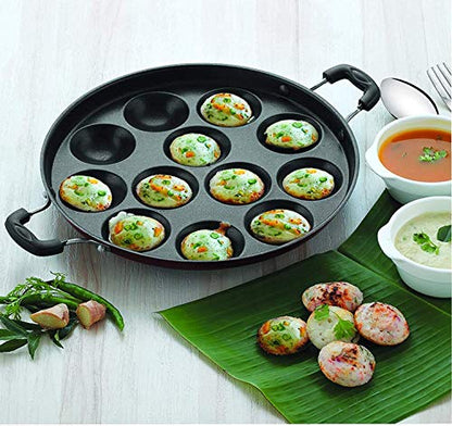 Image 2 of Generic Non Stick 12 Cavity Appam Patra with Lid Side Handle Paniyaram Pan Guntapongadalu Pan Appe Maker Litti Maker Multicolour