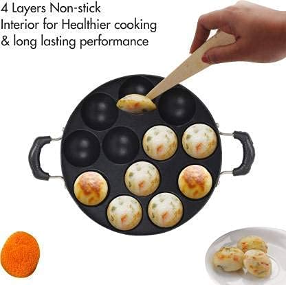 Image 7 of Generic Non Stick 12 Cavity Appam Patra with Lid Side Handle Paniyaram Pan Guntapongadalu Pan Appe Maker Litti Maker Multicolour
