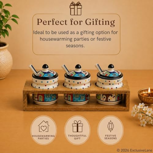 Image 6 of ExclusiveLane Hut Handpainted Ceramic Pickle Jars with Spoon & Wooden Holder Set of 3 280 ML