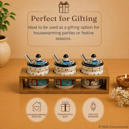 Image 6 of ExclusiveLane Hut Handpainted Ceramic Pickle Jars with Spoon & Wooden Holder Set of 3 280 ML