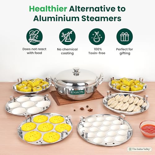 Image 6 of The Indus Valley Triply Stainless Steel Idli Maker/Multi Kadai | 6 Plates, 2 Idli | 1 Mini Idli | 2 Dhokla | 1 Steamer | Momo Maker/Steamer Set | 27cm/10.6 inch, 5Ltr, 3.7kg | 3-Layer Body | Induction Friendly