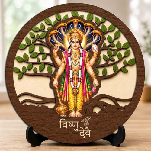 Image 1 of Default Title for the product Vishnu Ji Premium Wooden God Idol for Indoor Temple, Living Room Shelf, Work Desk & Puja Decor - 5x5 Inch