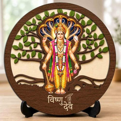 Image 1 of Default Title for the product Vishnu Ji Premium Wooden God Idol for Indoor Temple, Living Room Shelf, Work Desk & Puja Decor - 5x5 Inch