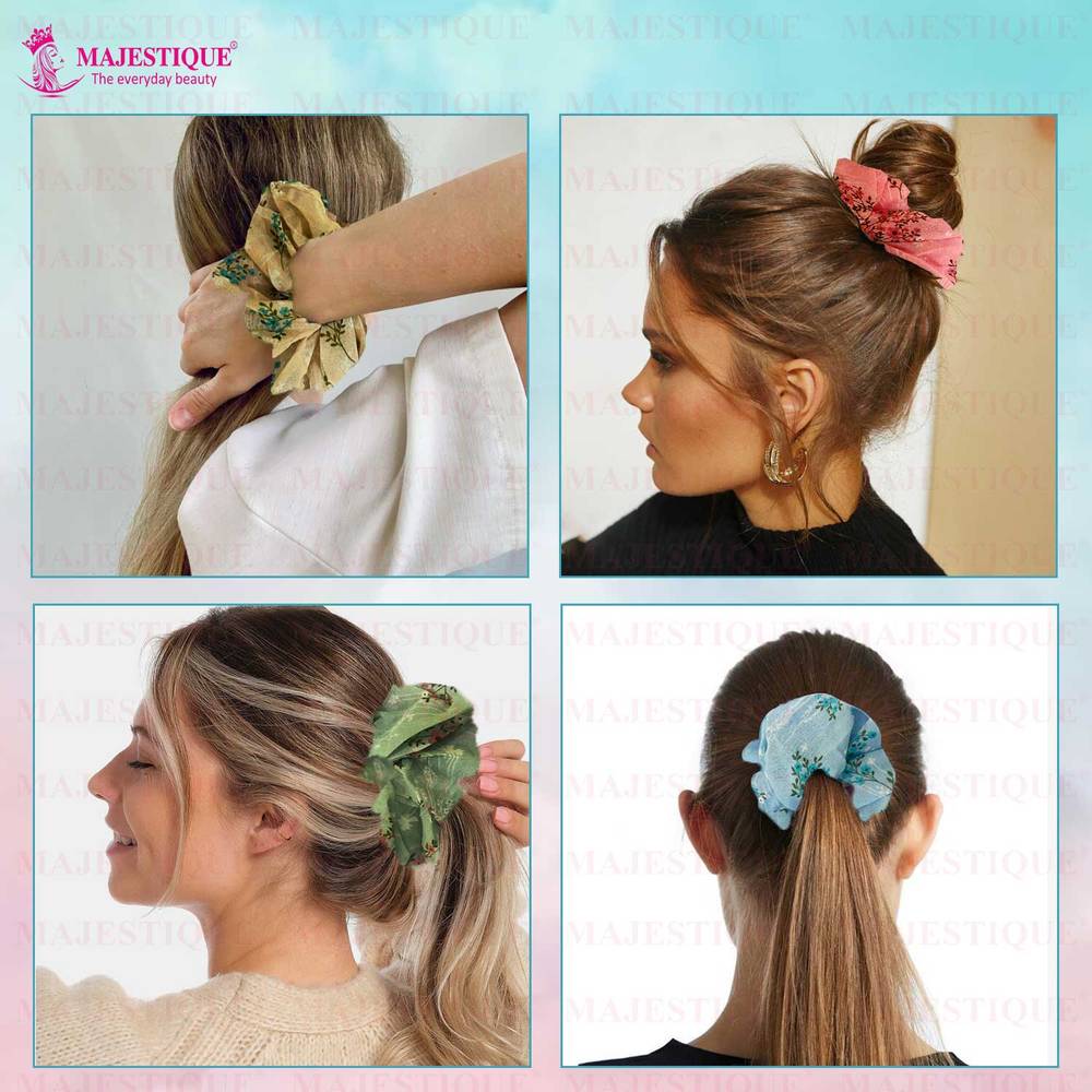 Image 5 of Majestique Georgette Fabric Hair Ties Scrunchies Elastics Leaf Flower Print Rubber Bands - 2 Pcs