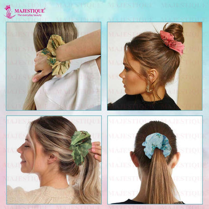 Image 5 of Majestique Georgette Fabric Hair Ties Scrunchies Elastics Leaf Flower Print Rubber Bands - 2 Pcs