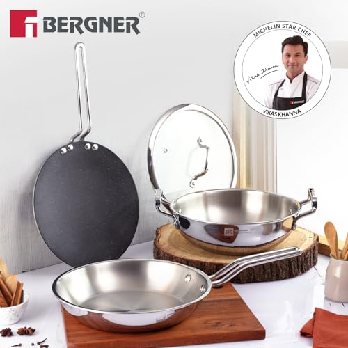 Image 2 of BERGNER BE Essentials TriPly 4 Pcs Stainless Steel Cookware Set - 24cm (3.1L) Kadai, 24cm (1.5L) Frypan, Common Flat Glass Lid, 26cm Non-Stick Roti Tawa
