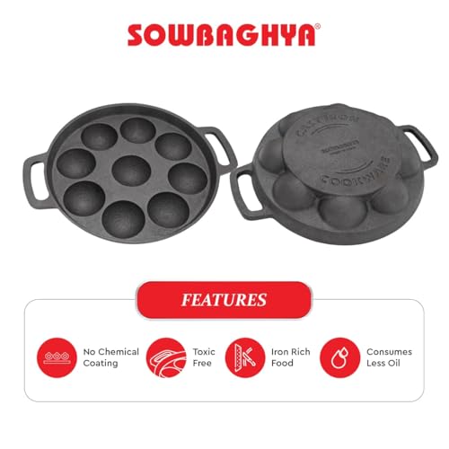 Image 6 of SOWBAGHYA Pre-Seasoned Cast Iron Paniyaram Pan with Glass Lid (9 Pits)
