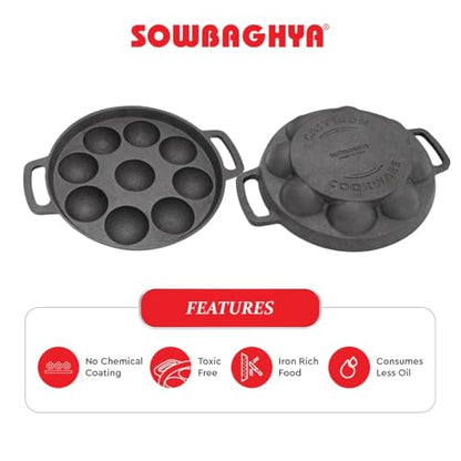 Image 6 of SOWBAGHYA Pre-Seasoned Cast Iron Paniyaram Pan with Glass Lid (9 Pits)