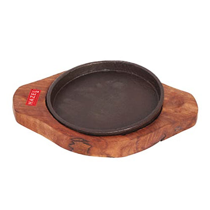Image 1 of Default Title for the product HAZEL Small Sizzling Brownie Sizzler Plate/Tray with Wooden Base Round 5 inch