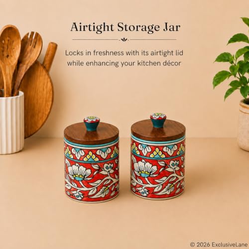 Image 4 of ExclusiveLane Mughal Barrel Multi Utility Storage Ceramic Jars With Wooden Lid Set of 2 420 ml