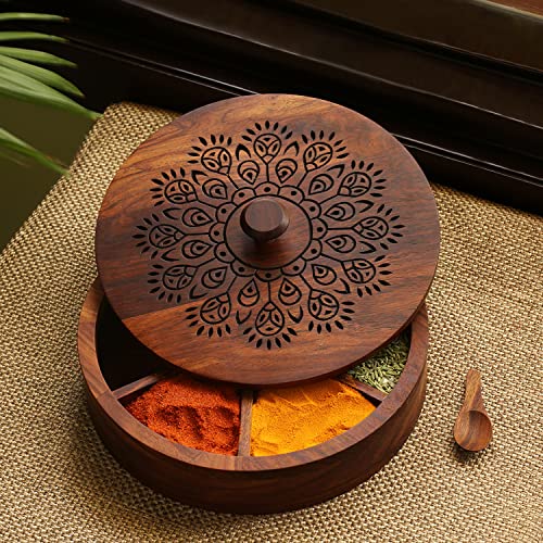 Image 3 of 7 Fixed Compartment (Dancing Peacock) for the product ExclusiveLane Sheesham Wooden Spice Box for Kitchen