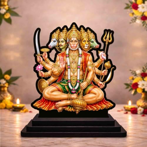 Image 1 of Default Title for the product Panchmukhi Hanuman Sitting Wooden MDF Printed Idol with Stand, 4 x 5 Inch, Pooja Room Decor, Home Temple Mandir Decoration, Religious Gift