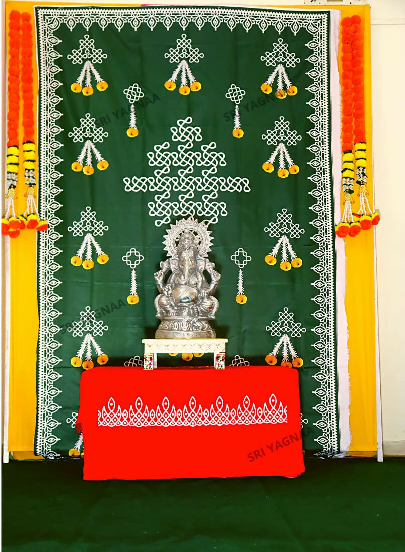 Image 5 of Sri Yagnaa Decoration M 1 – Green Muggu Backdrop Cloth with Flower Hanging Design, 5 x 8 Ft