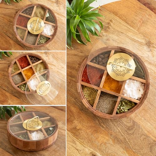 Image 2 of ExclusiveLane Golden Flower Wooden Spice Box for Kitchen 9 Partitions
