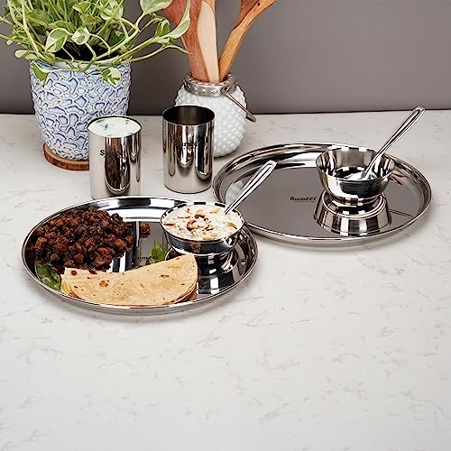 Image 3 of Sumeet Stainless Steel Heavy Gauge Mirror Finish Solid Dinner Set Of 8 Pcs (2 Plate, 2 Bowl/Wati, 2 Glass, 2 Spoon), Silver