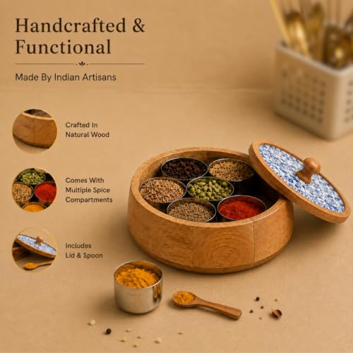 Image 3 of ExclusiveLane Indigo Baagh Wooden Spice Box with Spoon (7 Containers, 130 ml Each)
