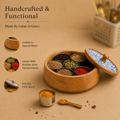 Image 3 of ExclusiveLane Indigo Baagh Wooden Spice Box with Spoon (7 Containers, 130 ml Each)