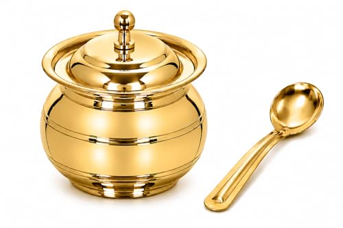 Image 1 of Round Polished for the product KC Golden Brass Multipurpose Ghee Pot/Pickle Container 400 ML with Embossed Designer Spoon