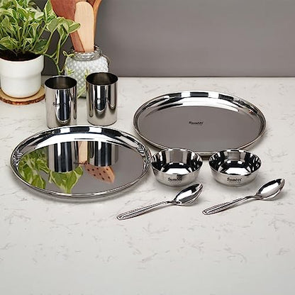 Image 1 of Default Title for the product Sumeet Stainless Steel Heavy Gauge Mirror Finish Solid Dinner Set Of 8 Pcs (2 Plate, 2 Bowl/Wati, 2 Glass, 2 Spoon), Silver