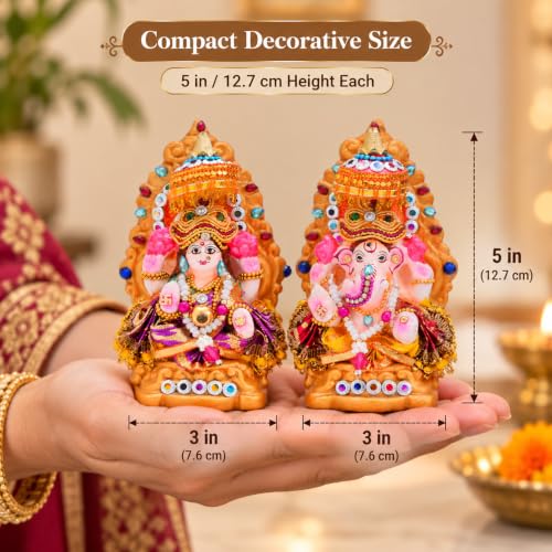 Image 4 of TIED RIBBONS Lord Laxmi Ganesh Pair Murti Mitti Terracotta Clay Idol Statue Showpiece (12.7 Cm X 7.6 Cm)