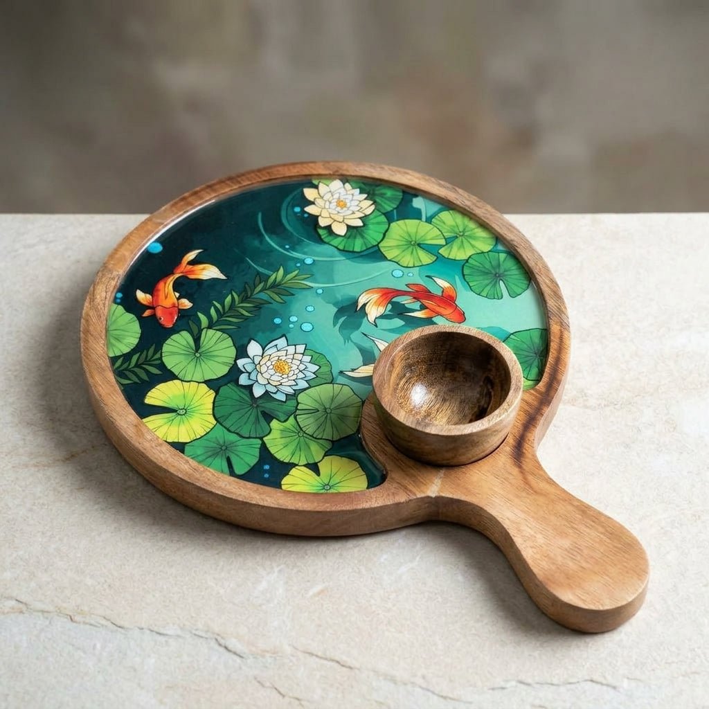 Image 1 of Default Title for the product Sattvya Gifting Wooden Koi Fish Pond Art Snack Platter