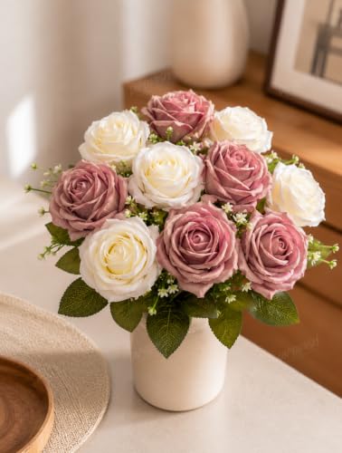 Image 4 of Divyakosh Artificial Rose Flower Bouquet, 10 Roses (5 Dusty Mauve & 5 Ivory White) with Green Leave, Faux Floral Arrangement for Living Room, Bedroom, Office, Wedding & Home Decor (Vase Not Included)