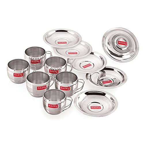 Image 7 of HAZEL Stainless Steel Cup & Saucer Set of 6 | 170 ml Unbreakable Tea/Coffee Cups & Saucers | Stainless Steel Mugs & Saucer Set