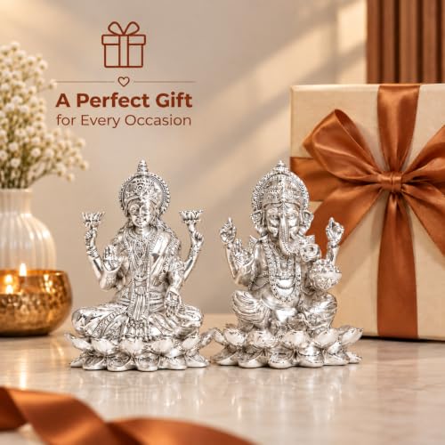 Image 6 of elaris 999 Pure Silver Plated Lakshmi Ganesha Idol on Lotus Showpiece – 5.1 Inch, Silver Plated