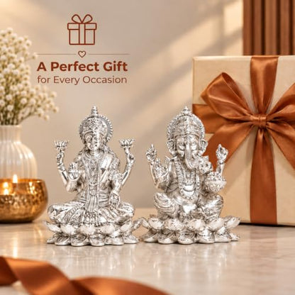 Image 6 of elaris 999 Pure Silver Plated Lakshmi Ganesha Idol on Lotus Showpiece – 5.1 Inch, Silver Plated