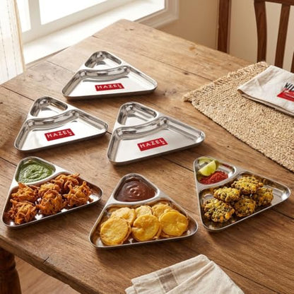 Image 2 of HAZEL Triangle Snack Plate Stainless Steel 2 in 1 Section Plate Set of 6