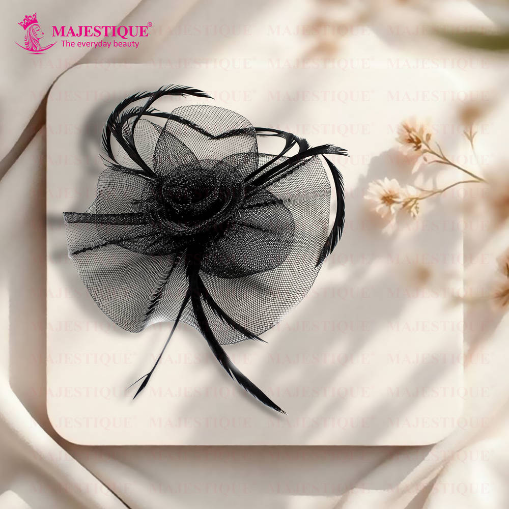 Image 6 of Majestique Elegant Fascinator Hat With Mesh Veil And Feather - Black