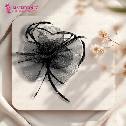 Image 6 of Majestique Elegant Fascinator Hat With Mesh Veil And Feather - Black