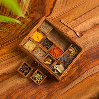 Image 1 of Default Title for the product ExclusiveLane Twelve Blends Sheesham Wooden Spice Box for Kitchen 12 Detachable Containers 45 gram Each