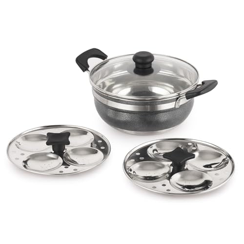 Image 1 of Default Title for the product CELLO Magna Stainless Steel Idli Maker (2 Plates  1 Kadai) with Glass Lid For Kitchen | Riveted Sturdy Handle, Gas Stove & Induction Compatible, Tempered Glass Lid with Steam Vent, Easy to Cooking