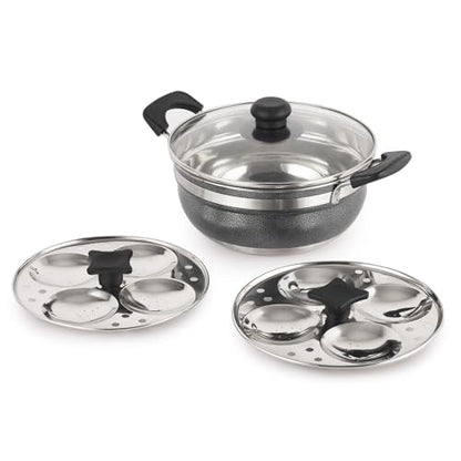 Image 1 of Default Title for the product CELLO Magna Stainless Steel Idli Maker (2 Plates  1 Kadai) with Glass Lid For Kitchen | Riveted Sturdy Handle, Gas Stove & Induction Compatible, Tempered Glass Lid with Steam Vent, Easy to Cooking