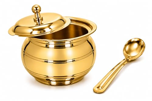 Image 3 of KC Golden Brass Multipurpose Ghee Pot/Pickle Container 400 ML with Embossed Designer Spoon