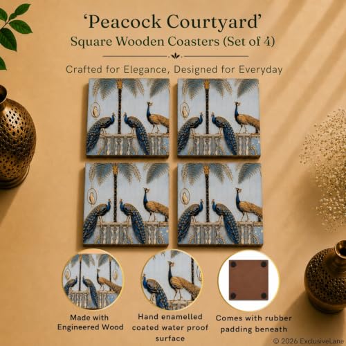 Image 4 of ExclusiveLane Peacock Courtyard Wooden Coaster Set (Set of 4)