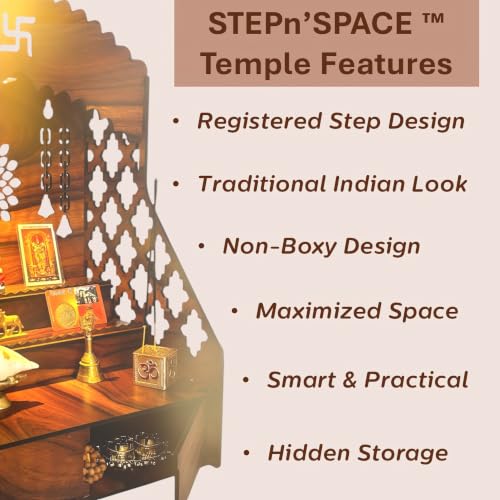 Image 5 of STEPn'SPACE Wooden Temple For Home Big Size Mandir With LED Light & Step Wall Hanging Puja Mandir For Home Temple For Office Pooja Stand For Home & Office Temple With Storage XL-D28Xw43Xh55Cm