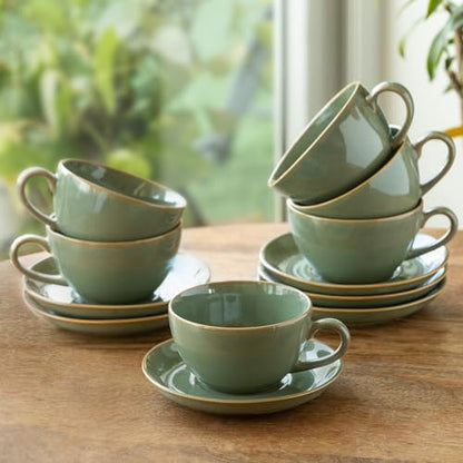 Image 1 of Default Title for the product ExclusiveLane Sage Serenity Hand Glazed Porcelain Tea Cups Set of 6 with Saucer Cappuccino Coffee Cups Chai Tea Cup 280 ML